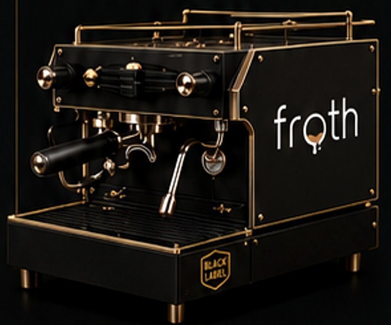 Custom black and gold FROTH-branded espresso machine